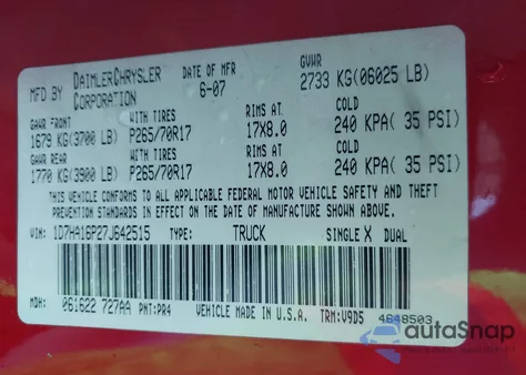 2007 Dodge Ram 1500 Slt/Sport z USA, uszkodzony, nr VIN 1D7HA16P27J642515